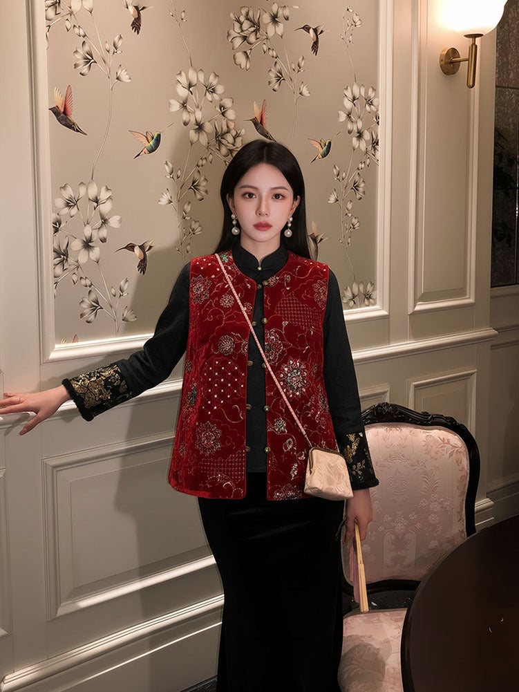 Yailla Versatile Autumn/Winter New Arrival Rich and Noble Chinese Style Heavy Embroidery Cotton Vest for Women Elegant and Versatile Sleeveless Light Luxury Vest Retro and Light Luxury Niche Design Tang Coat Suit - Image 2